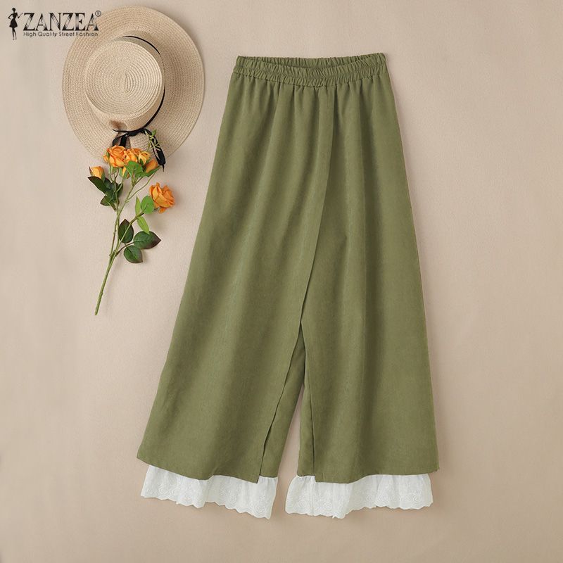 ZANZEA Women Casual Elastic Waist Loose Ruffled Lace Hem Wide Leg Pants Long Trousers