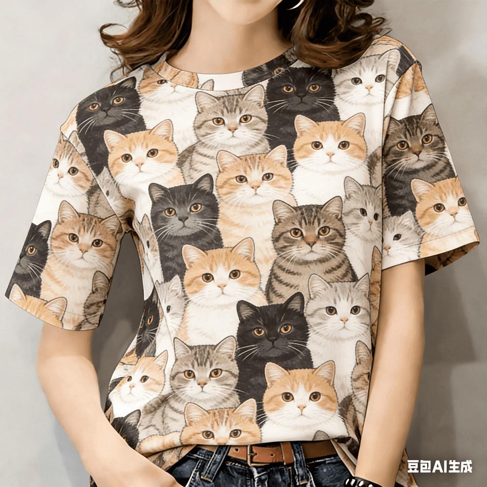 

T-shirt - Adult Floral Cat Pattern Casual Printed T-shirt 2XS