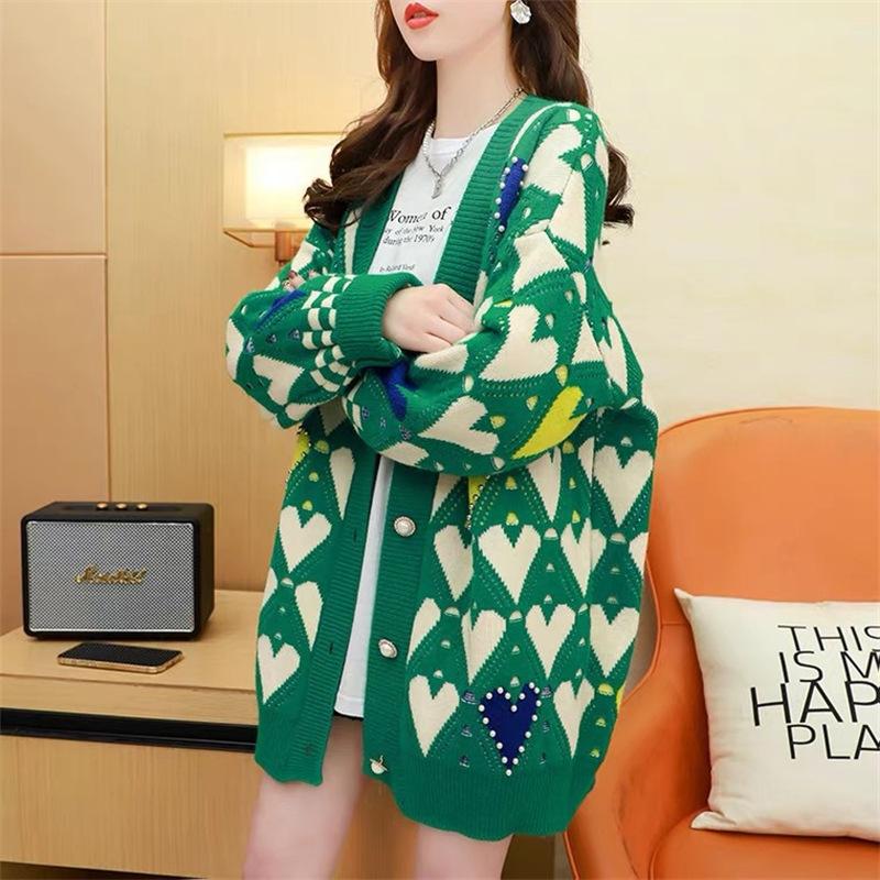 New Spring Autumn Sweet Sweater Cardigans Women V Neck Heart Printing Knitwear Single Breasted Casual Knit Cardigan
