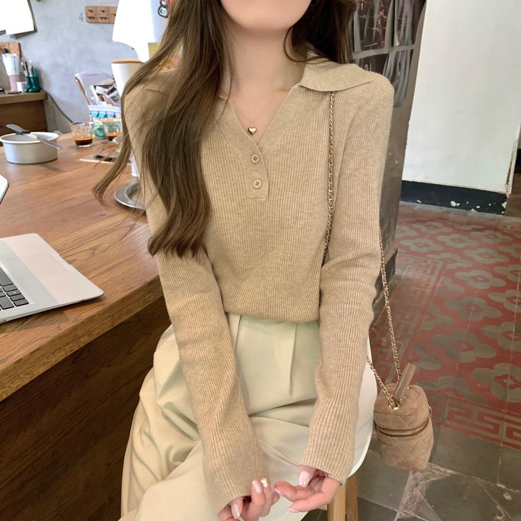 Casual Women Pullover Knit Sweater Lapel Long Sleeve Slim Fit Top Autumn Winter Solid Color Simple Sweaters Elegant Basic Clothing