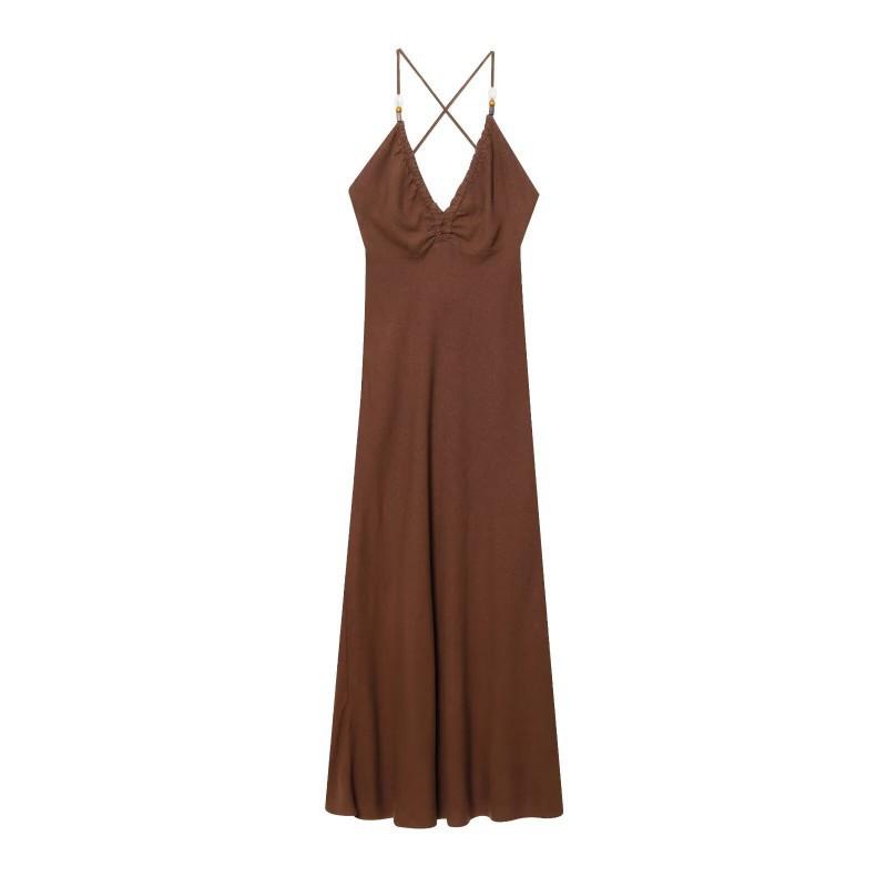 

European American Women s Clothing Summer Backless Linen Beaded Suspender Dress XS