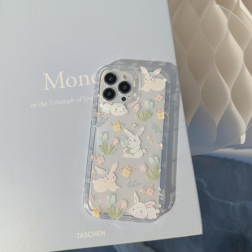 Garden Flowers Rabbit Cartoon Bunny Art Transparent Phone Case For Iphone 14 13 12 11 Pro Max 14 Plus Case Cute Sweet Soft Cover