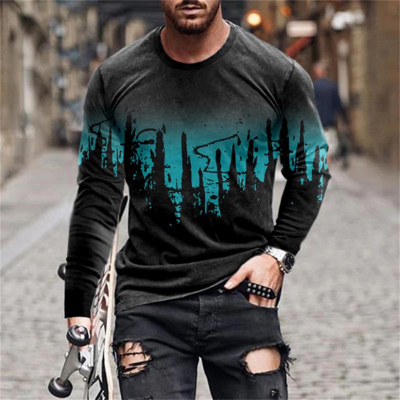 3D Printed Retro Graffiti T Shirt For Men Gradient Pattern Tees Spring Autumn Casual Long Sleeves O-Neck Tops Loose T-Shirts