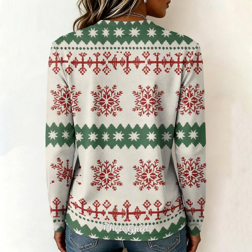 Women's Stylish Casual Christmas Print Long Sleeve Neck Top for Winter Holiday
