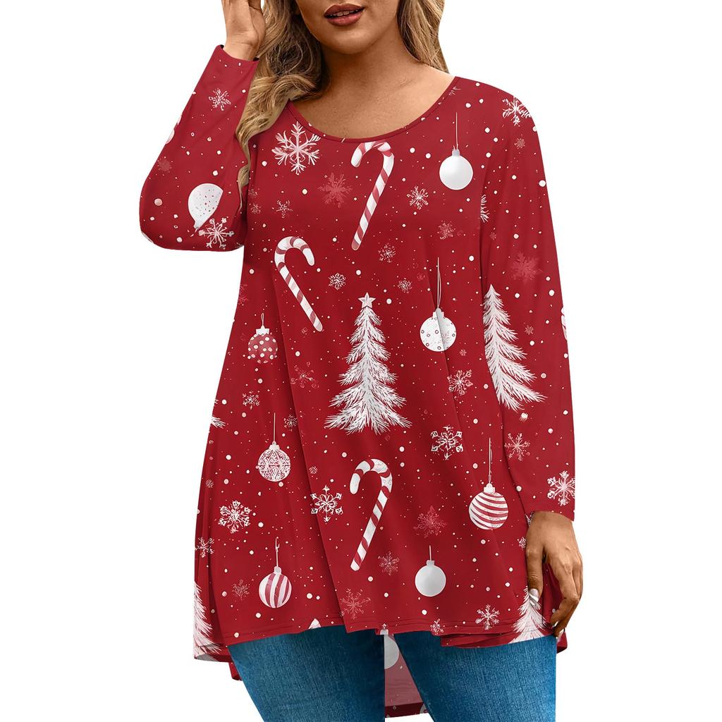 Women's Fashion Large Size Round Neck Long Sleeve Casual Christmas Print Loose Pullover Top