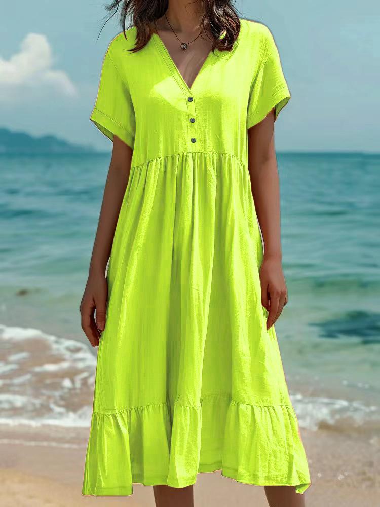 2026 Spring/Summer European & American Women's Solid Color Pleated Short Sleeve Fashion Dress