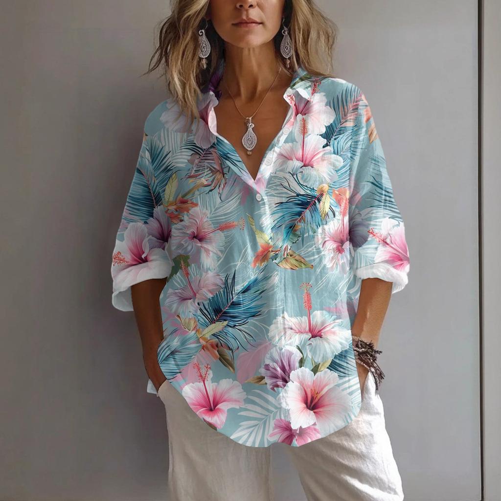 Women's Casual Spring And Summer Loose Printed Casual Sleeved Lapel Pullover Shirt