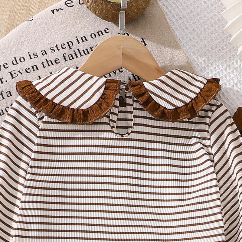 Girls' Outfit Children's Clothing 2025 Autumn New Cute Doll Collar Long Sleeve Striped Top Long Pants 2-Piece Set