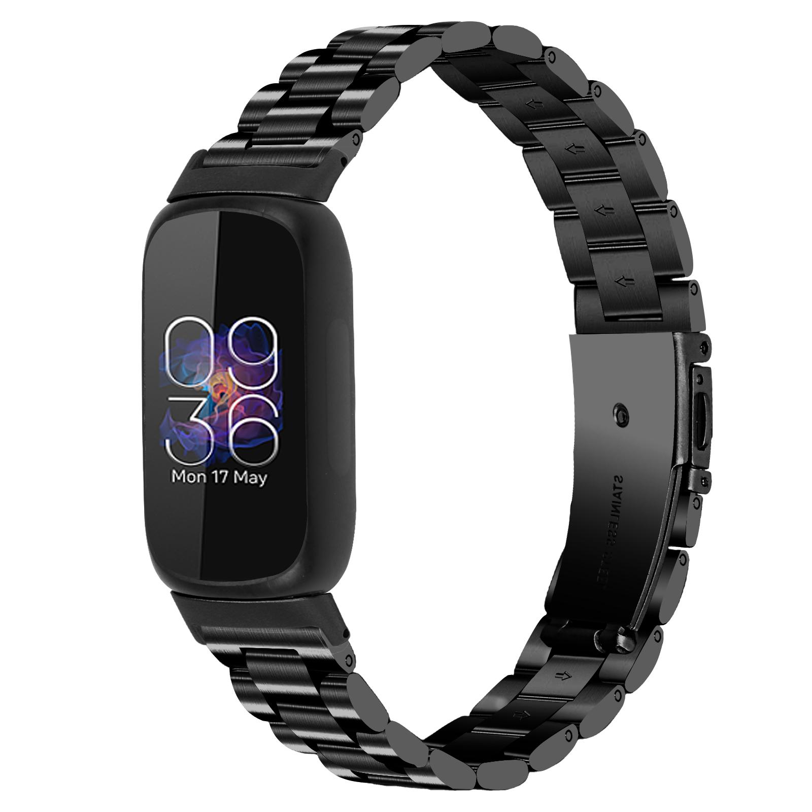 

For Fitbit Inspire 3 Stainless Steel Watch Strap 3 Beads Design Replacement Watch Band Black