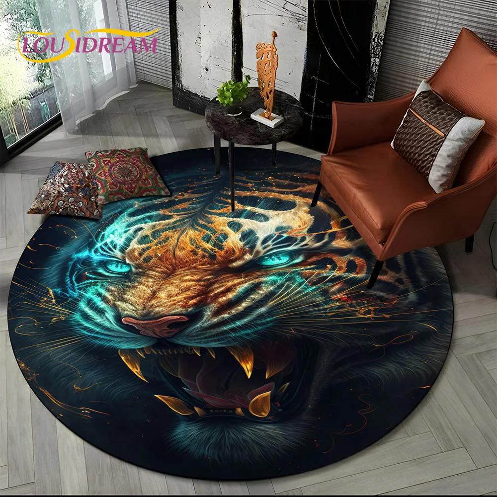 Animal Wildlife Cartoon Beast Tiger Lion Leopard Round Carpet Rug for Living Room Bedroom Child Decor,Pet Area Rug Non-slip Mat