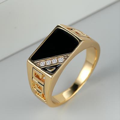 Vintage Square Black Enamel Rings for Men and Women Gold Color Hollow Out Pattern Ring Party Jewelry Gift
