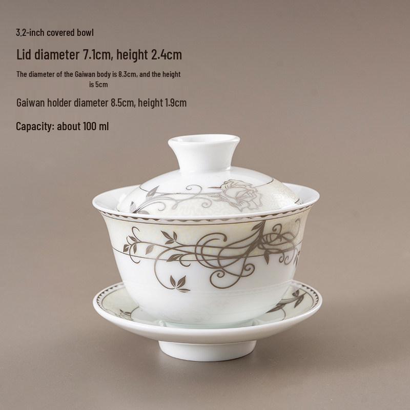 Chinese Style Ceramic Tea Set: White Porcelain Cup with Blue and White Ruyi Covered Bowl for Living Room