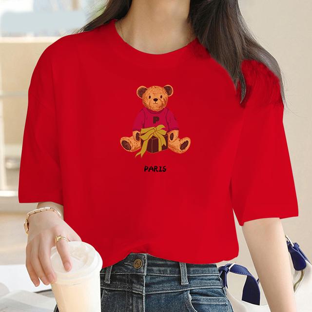 Summer New Cute Bear Short Sleeve Printed Clothing Women T-shirt Harajuku Pattern Fashion Clothing Women Top Off the Boat Unisex