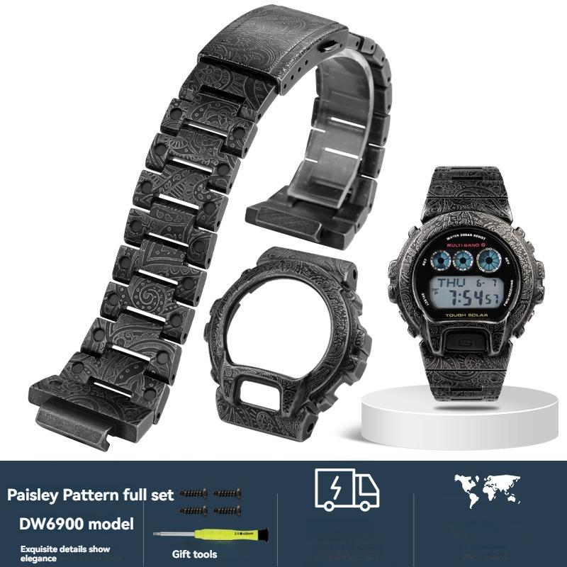 For Casio G-SHOCK Modified Metal Case Strap DW-6600 DW-6900 DW-6903 DW6900 Stainless Steel Retro Carved Watch Bezel Watchband