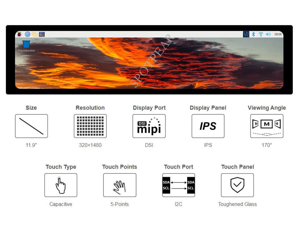 Raspberry Pi 11.9" DSI Capacitive Touchscreen MIPI LCD