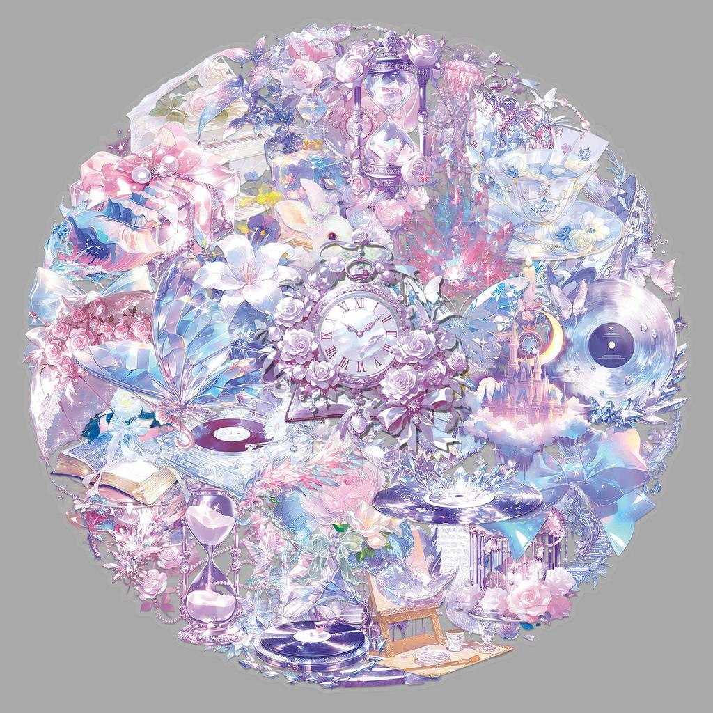 50 Marzycielskich Fioletowych Naklejek na Filiżanki do Herbaty: Wykwintne Przezroczyste Naklejki o Wysokiej Rozdzielczości do Dzienników DIY i Słodkiej Papeterii