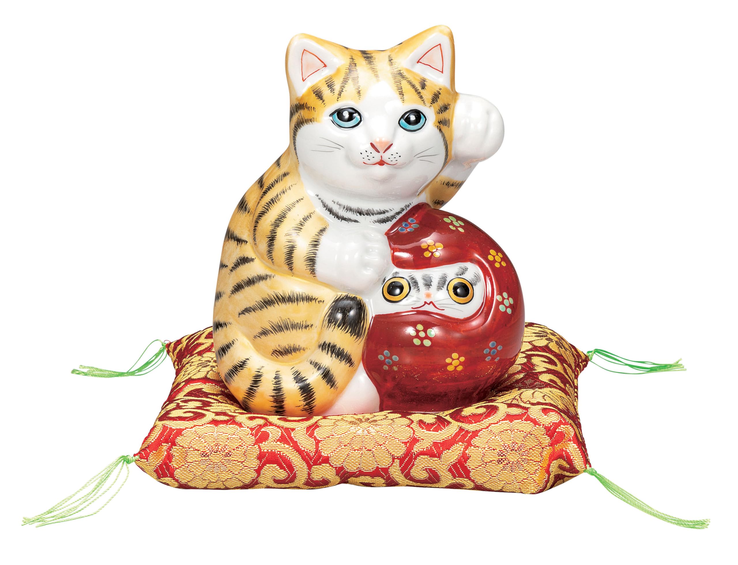 Kutani ware symbolizing business prosperity and good left paw with size with Daruma doll Maneki-neko (beckoning cat) figurine, fortune, raised,