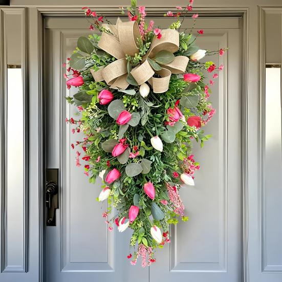 24" Tulip Teardrop Swag for Front Door Spring Artificial Teardrop Wreath with Burlap Bow for Farmhouse Kitchen Wall Mantel Decor