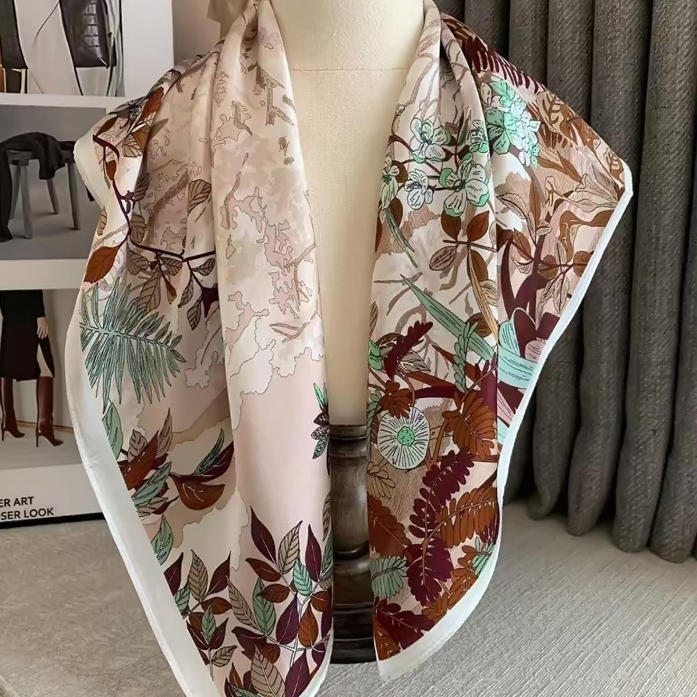 Light  Purple Women'S 100% Mulberry Silk Scarf Neckerchief Spring Fall New Luxury Floral Design Satin Squaresilk Scarves 65*65Cm