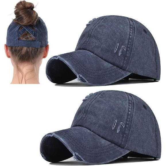 2 Packs Womens Ponytail Criss Cross Hat Baseball Cap Distressed Ponytail Hat High Messy Bun Trucker Ponycap