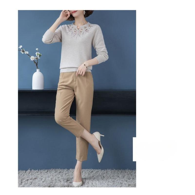 Módní svetr pro maminku z imitace vlny, volný, s výšivkou a kamínky, dámský, pro střední věk, větší velikost, podzimní zima