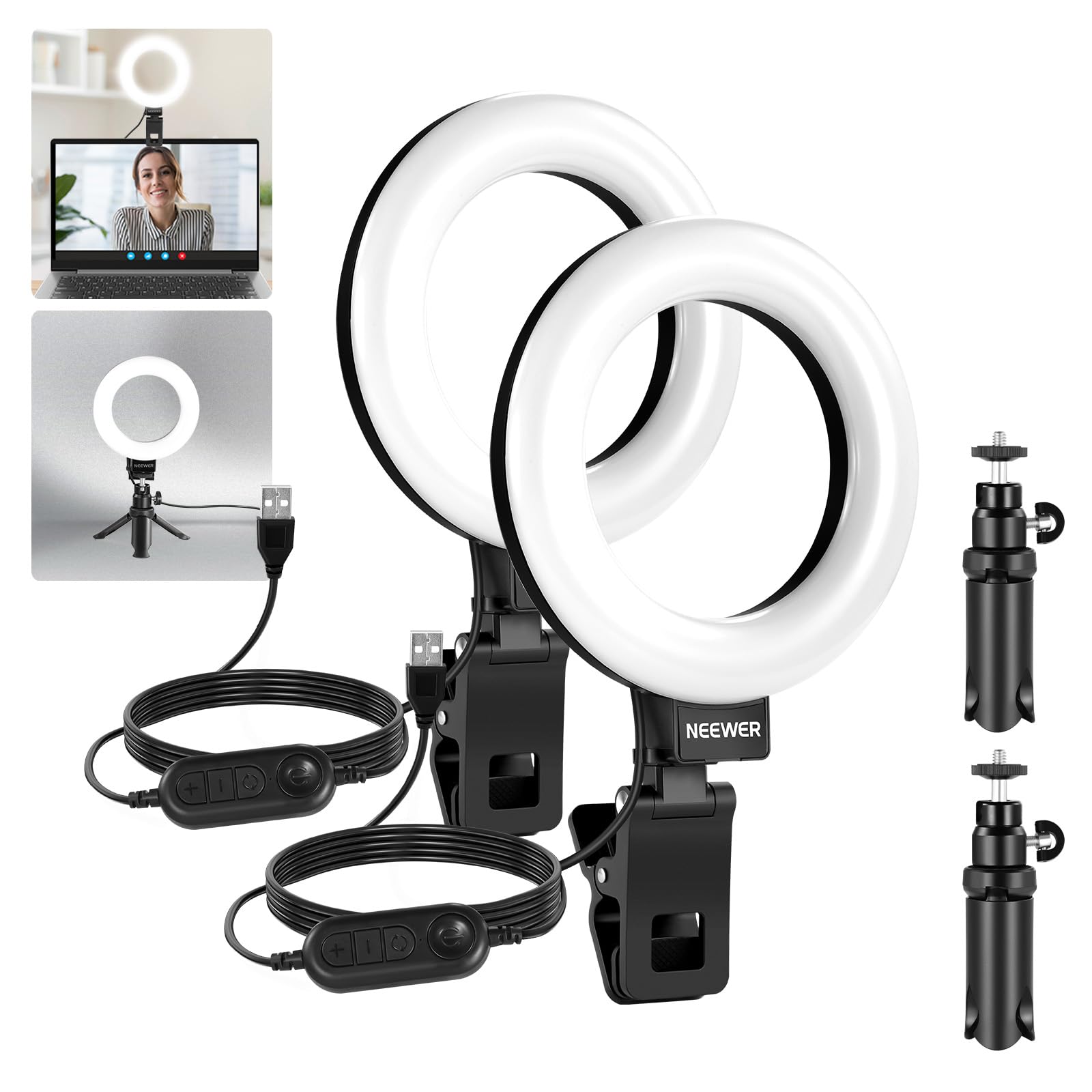 

Neewer Basics Ring Set with Clip and Tabletop 10W High USB Compatible with Live Live Zoom Working from and TikTok 5-inch Light, 2-Piece Tripod,