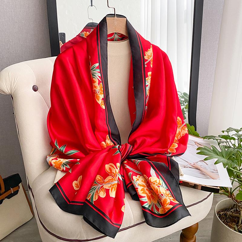 Luxury Satin Silk Scarf For Women New Print Shawls And Wraps Neckerchief Large Hijab Beach Stoles Headscarves Echarpe Bandana