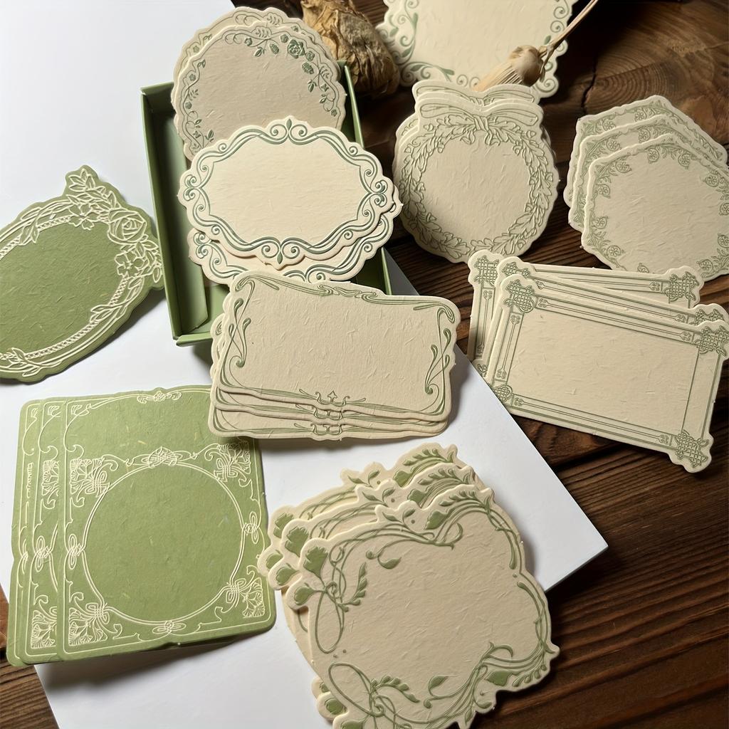 30pcs/box Vintage Embossed Note Cards with Floral & Geometric Designs - Textured Green Paper for Journaling, Scrapbooking