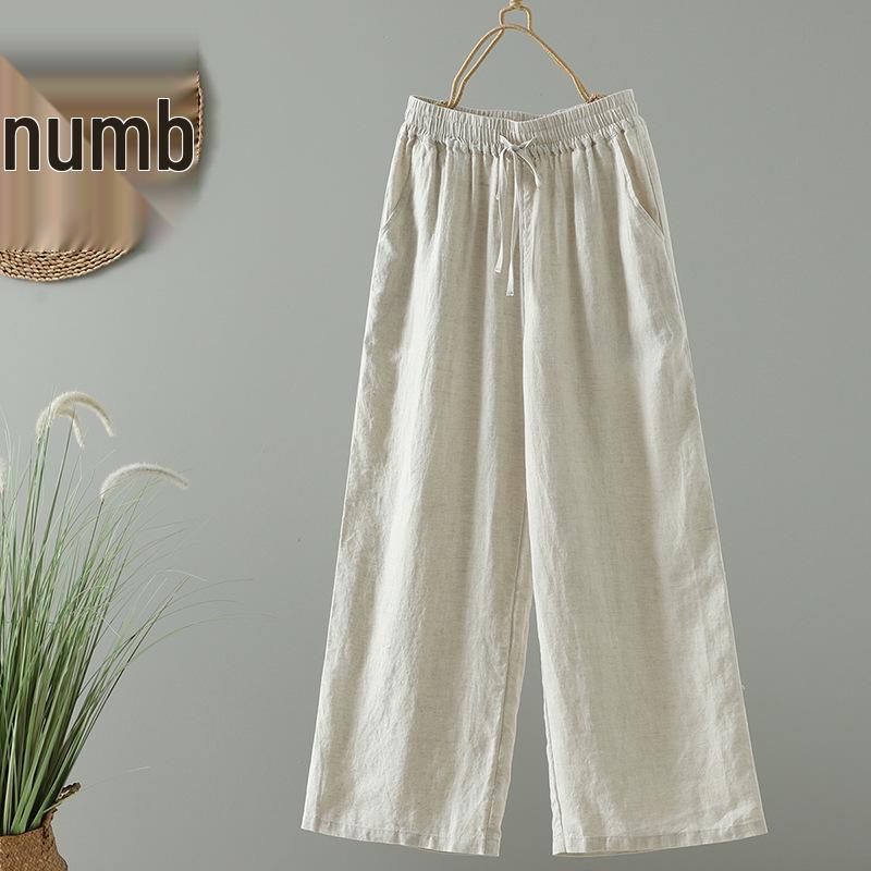 Japanese Pure Linen Women's Wide-Leg Elastic Waist Pants