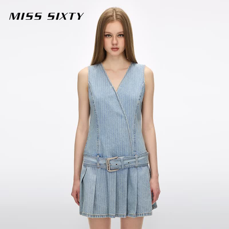 MISS SIXTY Women s Striped Pleated Denim Mini Dress L