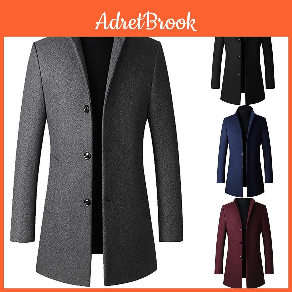 Woolen Men Coat Midlength Slimfit With Standcollar Solid Color Woolen Coat