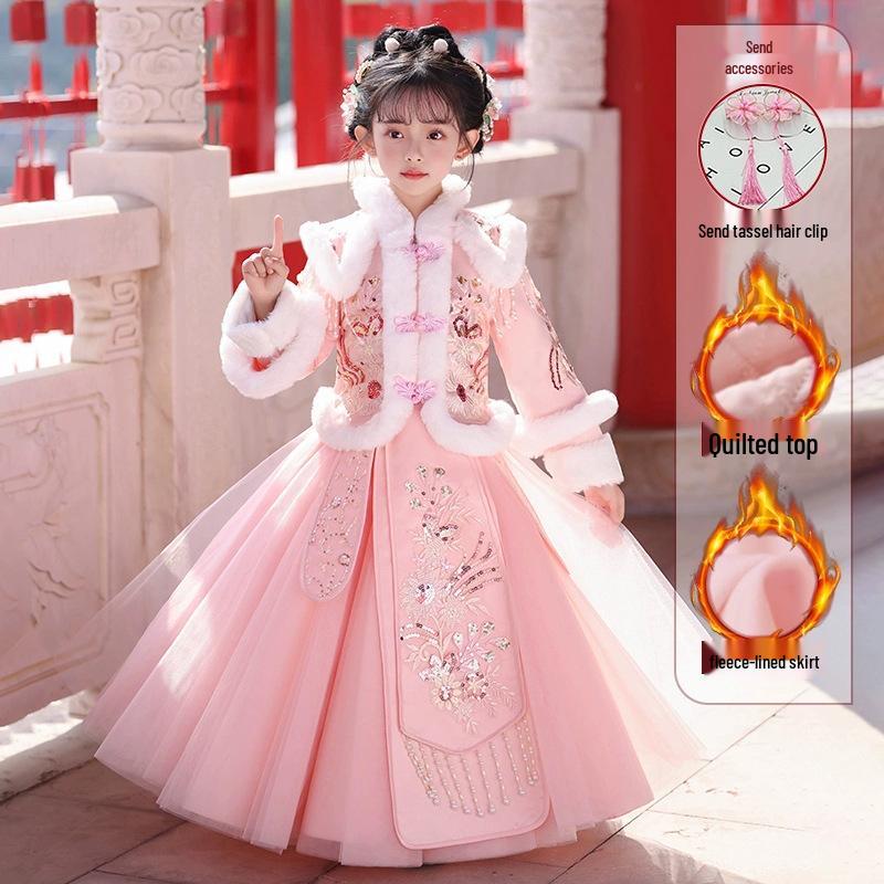 Girls' Velvet Hanfu Winter Outfit - Chinese New Year 2025 Tang Suit Costume