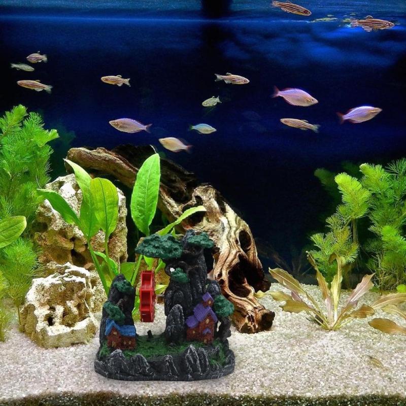 Moving Waterwheel Mountain Resins Aquarium Decoration Natural Underwater Terrain Scenery For Water Life Tanks J0MC