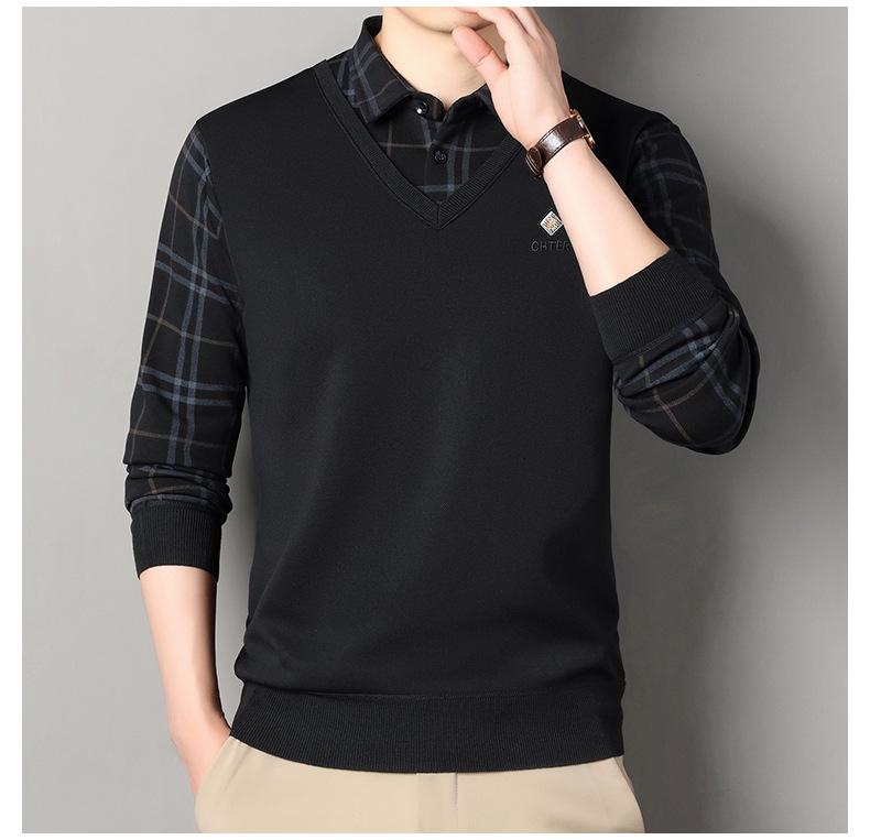 Men's Fleece-Lined Two-Piece Shirt Collar Knitted Sweater - Autumn/Winter Warm Base Layer