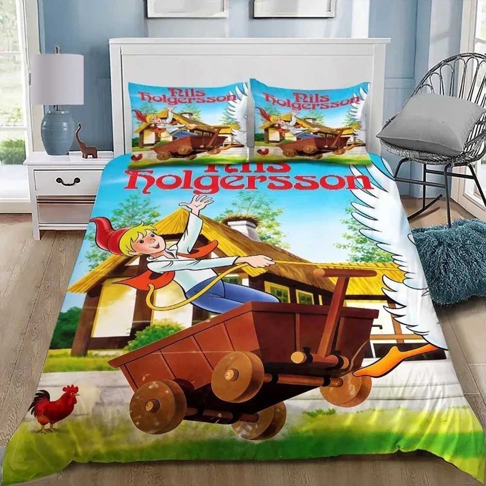 Housse de couette taie d'oreiller dessin animé Nils Holgersson Ensemble de literie Enfants Fille Garçons Adultes Cadeau Simple Double King Grande Taille 135×200cm