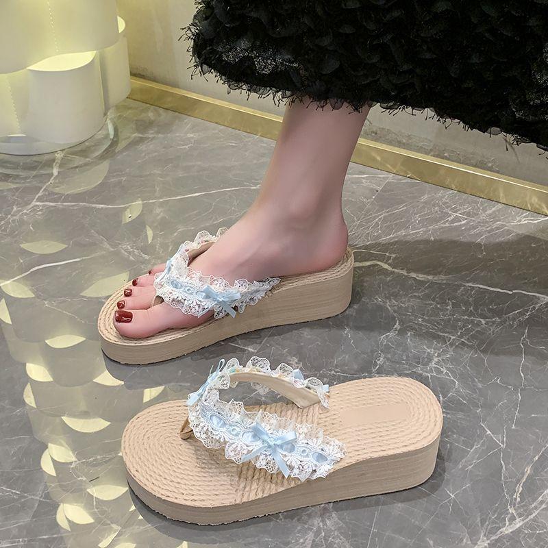 2025 summer wear versatile casual slippers women's platform bow lace edge flip-flops holiday beach shoes women