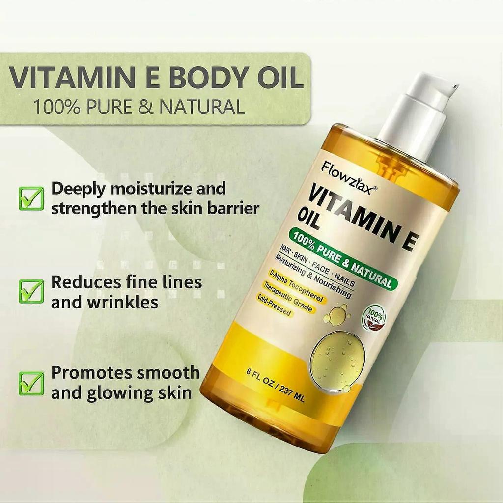 Óleo de Vitamina E 100% Puro - 237 ml, Óleo de Vitamina E Orgânico para Cicatrizes, Pele, Rosto, Unhas e Cabelo, Nutre e Hidrata a Pele, Melhora a Textura da Pele