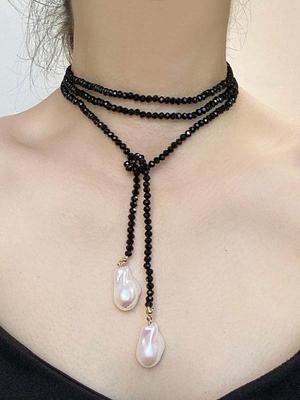 1 peça Colar Pingente Assimétrico de Cristal Negro com Contas de Luxo, Gargantilha Longa em Camadas de Pérolas Barrocas para Mulheres