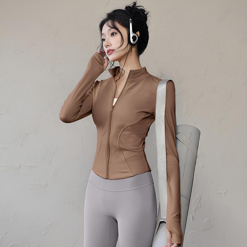 

High quality stand-up collar tight zipper jacket solid color sports top long sleeve yoga pilates running fitness clothes XXXL какао кольору