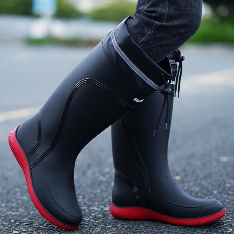 Fashion Men's Rain Boots Waterproof Mid Calf Boots Non-slip Rainproof Work Boots Outdoor Water Shoes Soft Drawstring Rubber Boot Botas