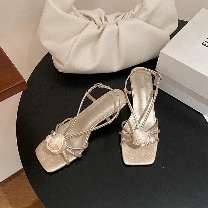 Fashion Women Sandals 2025 New Party Buckle Strap Pearl Sandals Women Floral Square Toe High Heels Shoes for Women Sandalias De Mujer