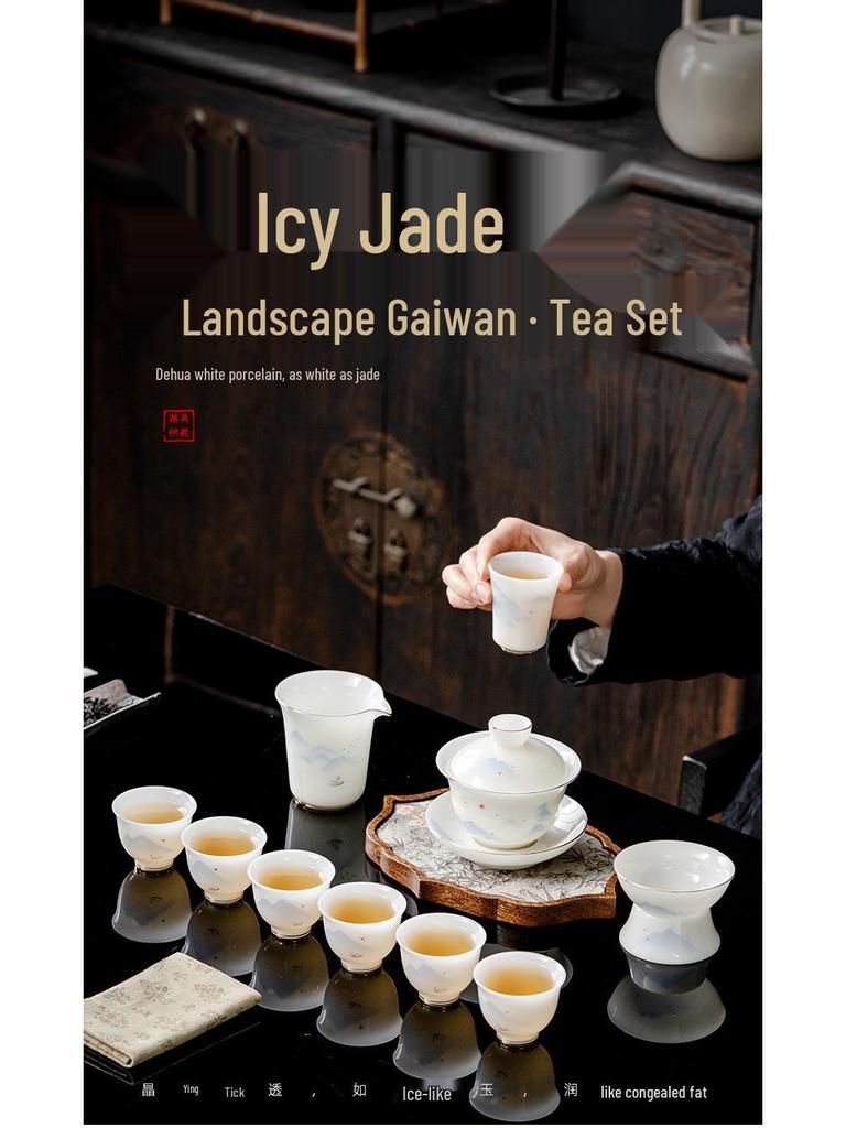 High-End Puyu Light Luxury Dehua White Porcelain Kung Fu Tea Set with Mutton Fat Jade Teapot