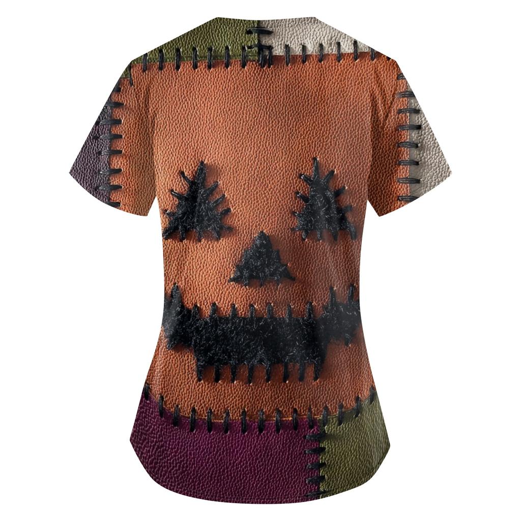 Women Halloween Print Loose Fit V Neck Short Sleeve Top with Pocket Comfortable Fabric for Work or Casual Wear