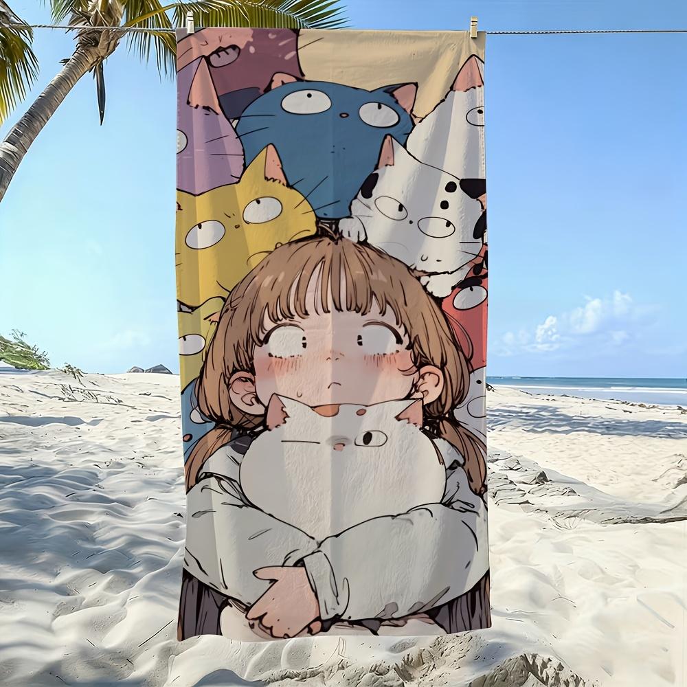 Hand Painted Girl with Cats Beach Towel 2D Flat Print Sand Proof Quick Dry Microfiber For Beach Swimming Camping Bath Vacation