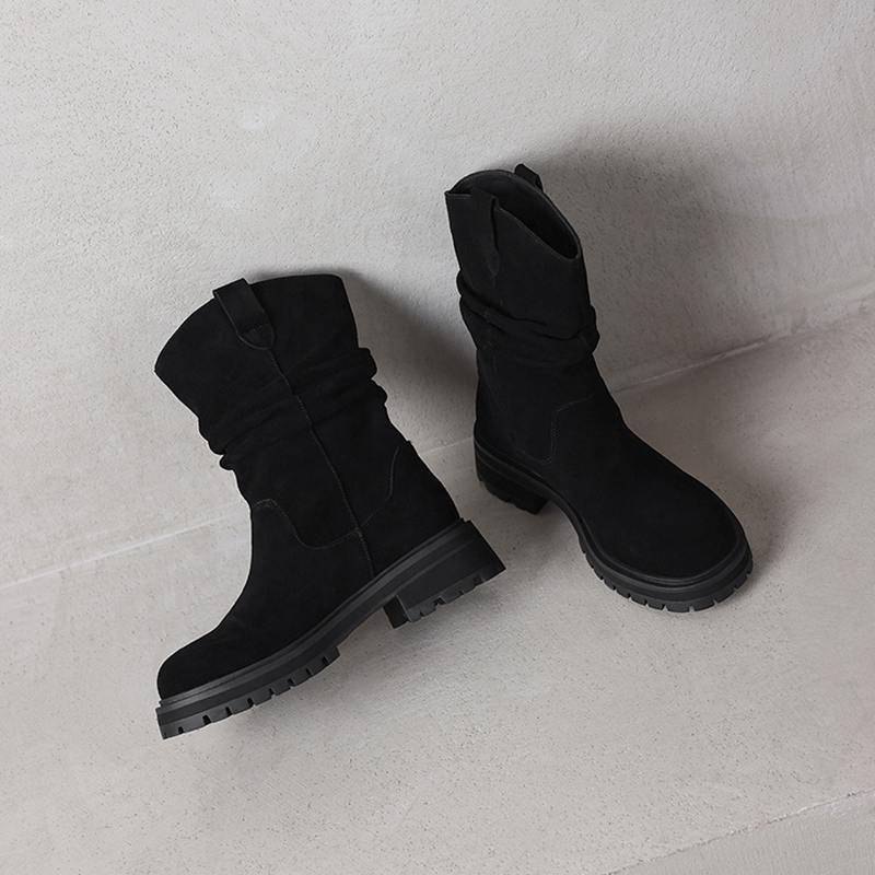 Krazing Pot Cow Suede Nubuck Winter Round Toe Western Boots Med Heels Pleated Decoration Women British School Mid-calf Boots
