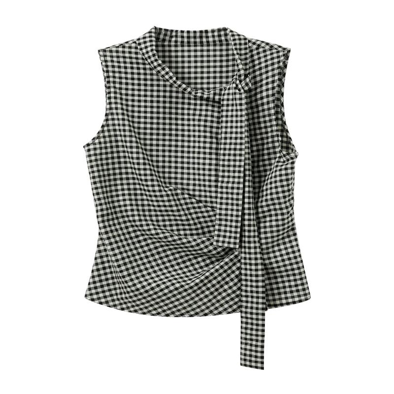 Sancai 2026 Autumn Lyocell Plaid Sleeveless Tie-Neck Blouse XL