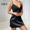 Robe de nuit à bretelles pour femme, chemise de nuit en satin sexy à col en V, ensemble complet pour la maison, nuisette, vêtements de nuit sans manches, dentelle transparente, mini robe décontractée pour la nuit