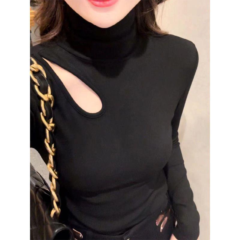 Plus Size Elegant Double-Sided Hollow High Neck Slim Fit Long Sleeve Top for Women, Autumn/Winter 2025 Edition