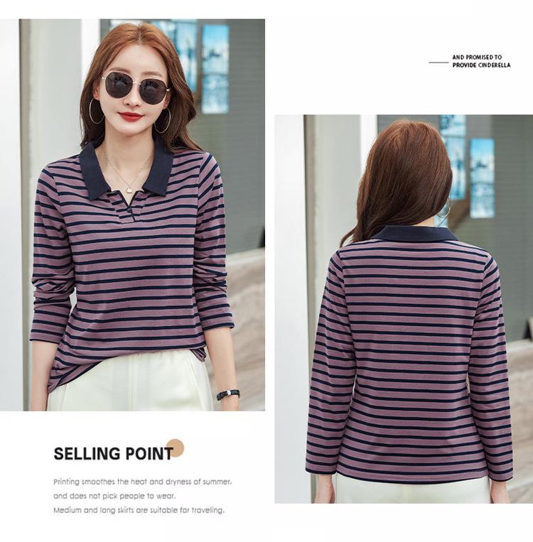 Women's Striped Long-Sleeve Polo Top in Pure Cotton