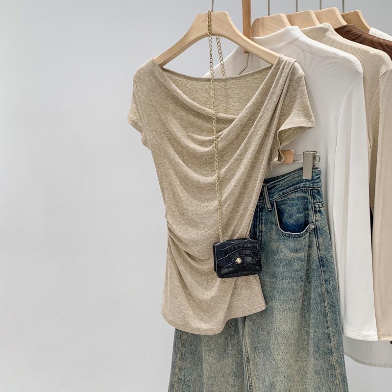 Exquisite Off-Shoulder French Drape Tee: 2025 Summer White Cinched Waist, Short-Sleeve Crop Top.